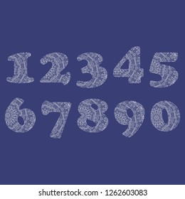 Handwritten number 2019 patterned with zen-tangle shapes, isolated on white. Handwritten font 2019 for decorate calendar, banner, poster, invitation, new year card, adult coloring book. eps 10