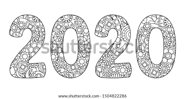 Handwritten Number 2020 Patterned Zentangle Doodle: vector de stock
