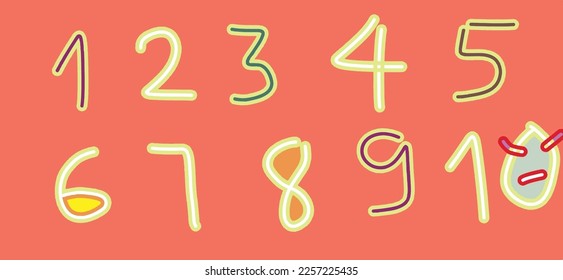 Handwritten number set from 1 to 10 with fun facial interaction. Interacting with children is exciting. A useful resource for sending greeting cards to children, posters, and educational purposes.