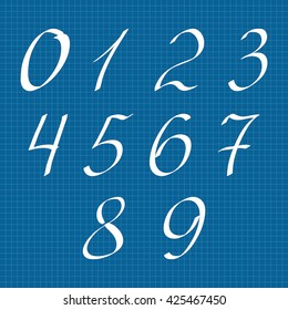 Handwritten numbers. 0-9 digits. Vector illustration on blueprint background