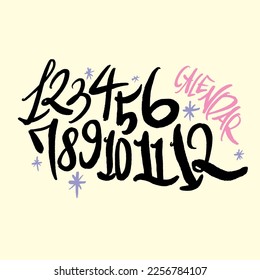 handwritten numbers calendar calligraphy 1 to 12