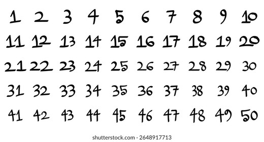 Handwritten Numbers 1–50 Chart. Playful Handwritten Number Grid (1–50). Educational Number Display: 1 to 50 in Handwritten Style. eps 10
