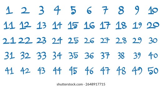 Handwritten Numbers 1–50 Chart. Playful Handwritten Number Grid (1–50). Educational Number Display: 1 to 50 in Handwritten Style. eps 10