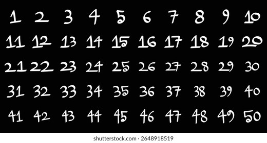 Handwritten Numbers 1–50 Chart. Playful Handwritten Number Grid (1–50). Educational Number Display: 1 to 50 in Handwritten Style. eps 10