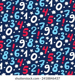 Handwritten numbers for kids seamless pattern. Simple mathematical texture in childish doodle style for design of kindergartens, elementary school classes, nursery. Cute hand drawn symbols.