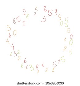 Handwritten numbers. .  Scribbled handwritten numbers for  card, poster, banner. Vector background with color numbers in primitive style. Simple pattern for your design.