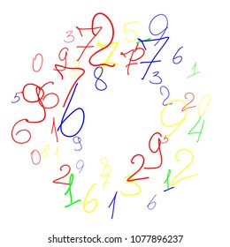 Handwritten numbers. .  Scribbled handwritten numbers for  card, poster, banner. Vector background with color numbers in primitive style. Simple pattern for your design.