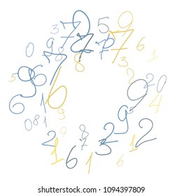 Handwritten numbers. .  Scribbled handwritten numbers for  card, poster, banner. Vector background with color numbers in primitive style. Simple pattern for your design.