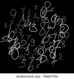 Handwritten numbers. Scribbled hand drawn numbers for card, poster, banner. Vector background with numbers in primitive style. Simple pattern for your design.