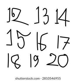 Handwritten numbers from twelve to twenty written in black ink isolated on a plain surface