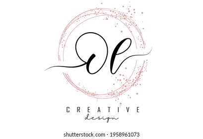 Handwritten Ol O l letter logo with sparkling circles with pink glitter. Decorative vector illustration with O and l letters.