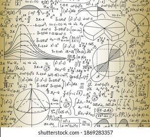 Handwritten old manuscript with formulas, calculations and technical drawings, math vector seamless pattern