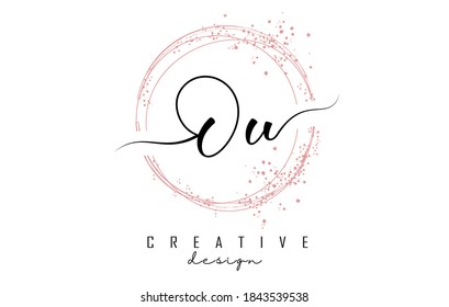 Handwritten Ou O u letter logo with sparkling circles with pink glitter. Decorative vector illustration with O and u letters.