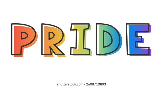Handwritten outline PRIDE text with rainbow gradient letters isolated on white. Colorful LGBTQ vector design for posters, banners, T-shirts, stickers, social media graphics, Pride Month events