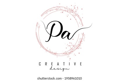 Handwritten PA P A letter logo with sparkling circles with pink glitter. Decorative vector illustration with P and A letters.