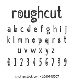 Handwritten paper cut font for title, header, lettering, logo, banners, art and craft design. Lowercase regular display letters and numbers cut out by scissors from paper. Vector illustration.