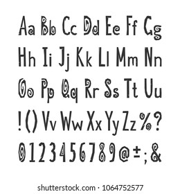 Handwritten paper cut font for title, header, lettering, logo, banner, art and craft design. Regular display letters, numbers, punctuation cut out by scissors from paper. Vector illustration.
