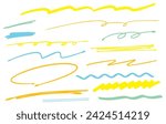 Handwritten pen line decoration (yellow, orange, light blue, yellow-green)
