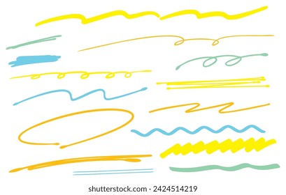 Handwritten pen line decoration (yellow, orange, light blue, yellow-green)