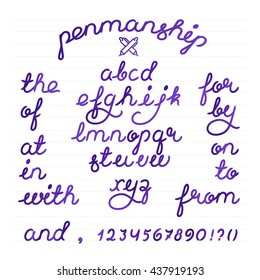 Handwritten penmanship alphabet vector font letters and digits. Brush script letters and catchwords the, and, for etc. Stock vector lettering typography