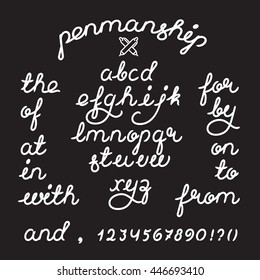 Handwritten penmanship alphabet vector font letters and digits. Brush script letters and catchwords the, and, for etc. Stock vector lettering typography