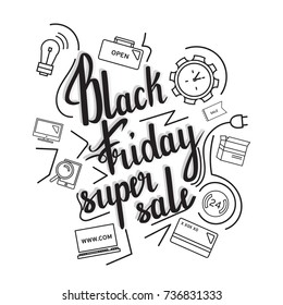 The handwritten phrase Black Friday Super Sale on a whine background with icons.