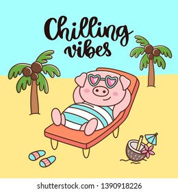 Handwritten phrase: Chilling vibes. Pig in swimsuit and glasses, with coconut cocktail, resting on the beach. It can be used for card, brochures, poster, flyer, t-shirt, promotional materials.