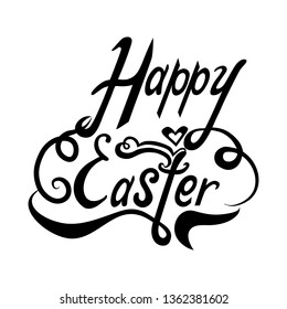 Handwritten phrase Happy Easter with heart and  flourish. Monochrome  vector illustration isolated on white background