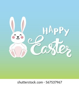 Handwritten phrase "Happy Easter"with a cute easter bunny. Vector illustration.