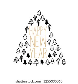 Handwritten phrase Happy New Year. Vector Christmas spruce illustration on white background.