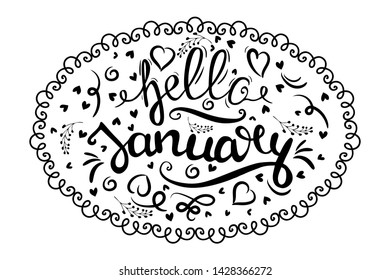 Handwritten phrase Hello January,  isolated on the white background. 
brush calligraphy,lettering
Vector illustratoin for design calendar,organizer,flyer,print,greeting card
