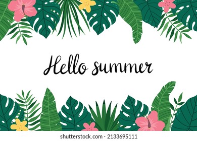 The handwritten phrase Hello summer. Exotic tropical frame with leaves of monstera and palm, hyacinth flower. Vector hand-drawn illustration