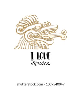 Handwritten phrase I Love Mexico with drawn Aztec bas relief. Vector illustration of Mexican tourist attraction. Latin American travel symbol.