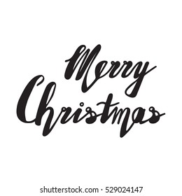 Handwritten phrase Merry Christmas Greeting Card with hand drawn lettering design. Vector illustration. Holidays Postcard