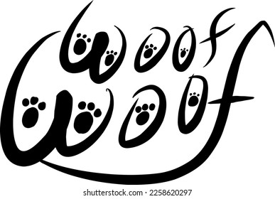 Handwritten phrase "Woof Woof" art isolated on white background.