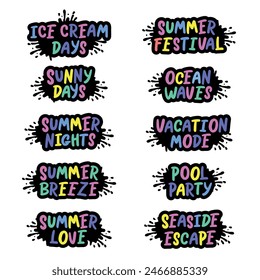 Handwritten phrases set -  Summer . Warm season lettering typography for card, invitation. Calligraphy greeting card. Logo, badge, icon, banner, poster, sticker, print.