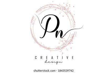 Handwritten PN P N letter logo with sparkling circles with pink glitter. Decorative vector illustration with P and N letters.