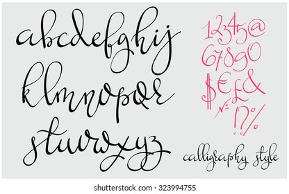 Handwritten pointed pen flourish font. Letters, figures, symbols. Made with ink. Modern calligraphy alphabet. Isolated letters. Wedding, menu, save the date postcard poster decorative graphic design.