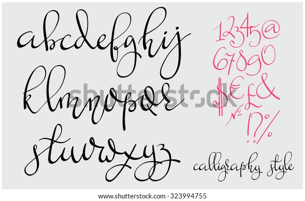 手書きの尖ったペンの飾りのフォント 文字 数字 記号 インクで作られた 現代の書字のアルファベット 分離型の文字 結婚式 メニュー 日付はがきポスターの装飾的なグラフィックデザインを保存します のベクター画像素材 ロイヤリティフリー