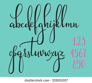Handwritten pointed pen ink style modern calligraphy cursive font. Calligraphy alphabet. Cute calligraphy letters and figures. Isolated letter elements. Typography, decorative graphic design.