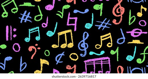 Handwritten pop music elements. Charcoal style seamless pattern. Scribble notes in rainbow colors for kindergarten kids . Vector illustration of a cute childish music pastel or wax pencil signs.