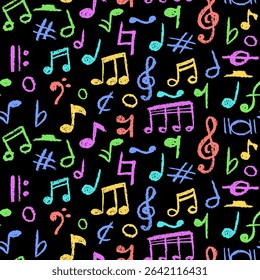 Handwritten pop music elements. Charcoal style seamless pattern. Scribble notes in rainbow colors for kindergarten kids. Vector illustration of a cute childish music pastel or wax pencil signs