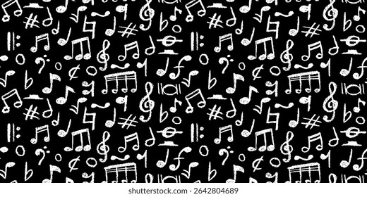 Handwritten pop music elements. Charcoal style seamless pattern. Scribble notes for bold, creative projects. Vector illustration of a cute kindergarten childish music school pastel or wax pencil signs