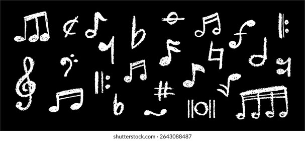Handwritten pop vector background with charcoal scribble music icons. Playful and dynamic style perfect for modern music themed graphics. Cute childish music school white pastel or wax pencil signs