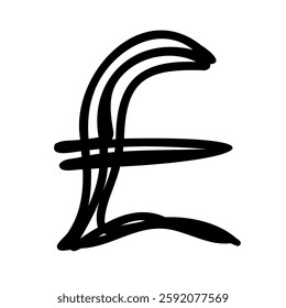 Handwritten pound sterling sign symbol in hand drawn style. Vector illustration isolated on white background. For typography, font, shop, logo, alphabet, sales, signboard, education, branding.