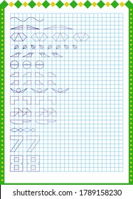 Handwritten practice sheet. Educational children's game, printed sheet for children. Drawing and coloring patterns from a sample