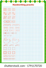 Handwritten practice sheet. Educational children's game, printed sheet for children. Drawing and coloring patterns from a sample