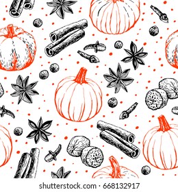 Handwritten Pumpkin Spice seamless pattern. Coffee restaurant brochure vector, coffee shop menu design. Vector cafe template with hand drawn graphic. Retro style.