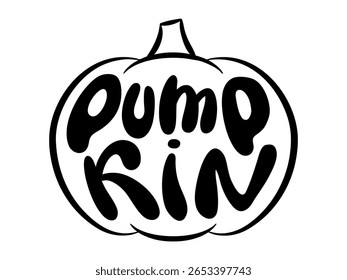 Handwritten Pumpkin text in a pumpkin shape, perfect for autumn themed designs or seasonal projects. Vector illustration