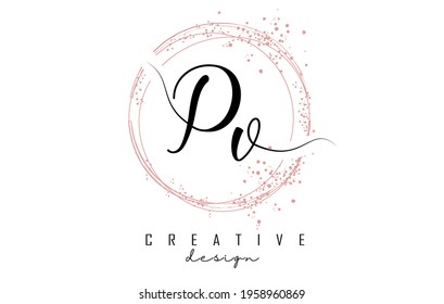 Handwritten Pv P v letter logo with sparkling circles with pink glitter. Decorative vector illustration with P and v letters.